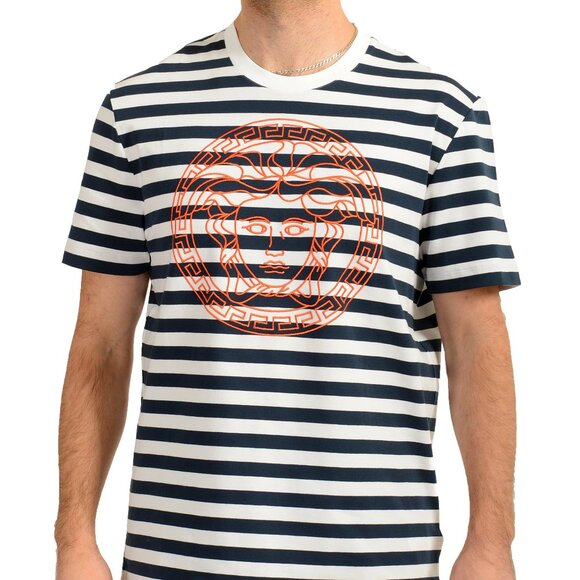 Versace Men's Medusa Head Embroidery Striped Short Sleeve T-Shirt US 2XL IT 56 - Picture 1 of 6